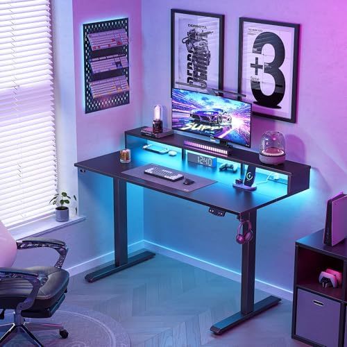 Klicelor Electric Standing Desk with Shelf, 48 Inch Height Adjustable Desk with Power Outlets & LED, Sit Stand Up Table with Monitor Stand, Computer Workstation for Home Office, Black - Image 2