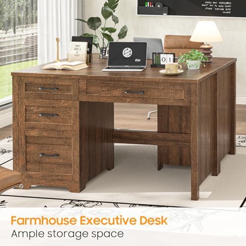 Halitaa Executive Desk with 3 Storage Drawers, Red Brown - Image 4