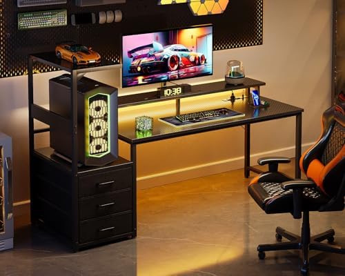 Casaottima 59 Inch Gaming Desk with USB Charging Ports & LED Light - Reversible Computer Desk with 3 Fabric Drawers, Monitor Stand, CPU Stand, Modern Office Desk, Pure Black - Image 2