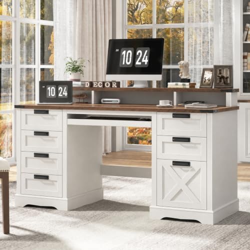 Vabches 60" Farmhouse Executive Desk with 8 Drawers, White and Brown by Vabches