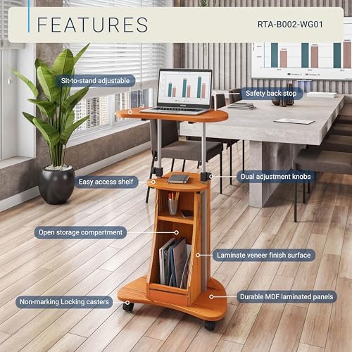 Techni Mobili Adjustable Height Rolling Laptop Cart with Storage, Woodgrain - Image 4