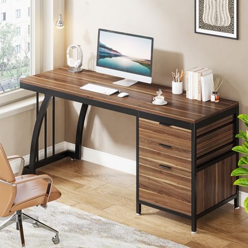 Tribesigns Computer Desk with 3 Drawers, 59-Inch PC Desk with Reversible Drawers, Industrial Study Writing Table Workstation with File Storage for Home Office, Walnut - Image 4