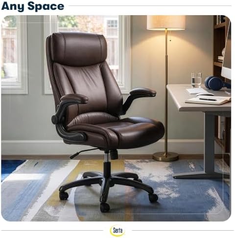 Serta Big and Tall Office Chair with Lumbar Support, Flip Arm Leather Chair - Image 2