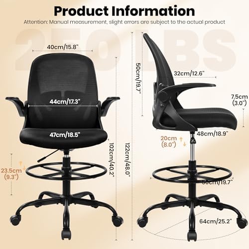 Primy Drafting Chair Tall Office Chair with Flip-up Armrests Executive Ergonomic Computer Standing Desk Chair with Lumbar Support and Adjustable Footrest Ring (Black) - Image 3