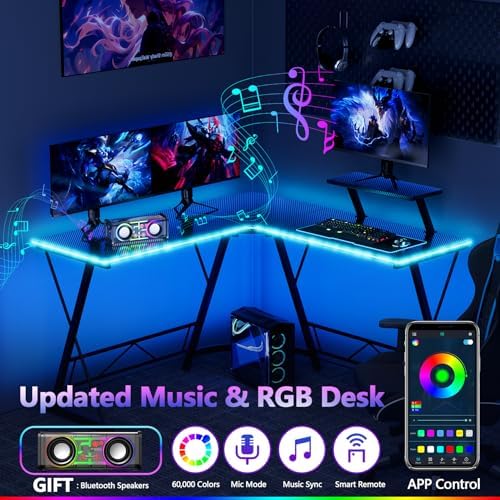 Mr IRONSTONE Gaming Desk with LED Lights and Speakers, L Shaped Desk Corner with Cup Holder & Headphone Hook, Computer Desk Home Office Desks with Monitor Stand, Carbon Fiber Surface, Black 51 Inch - Image 6