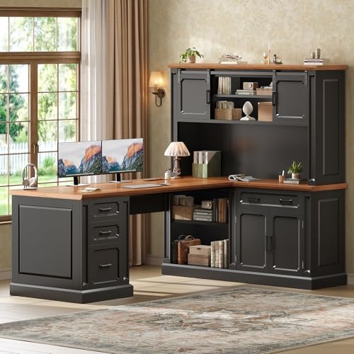SEDETA 67" Farmhouse Executive L Shaped Desk with Hutch & Storage by SEDETA