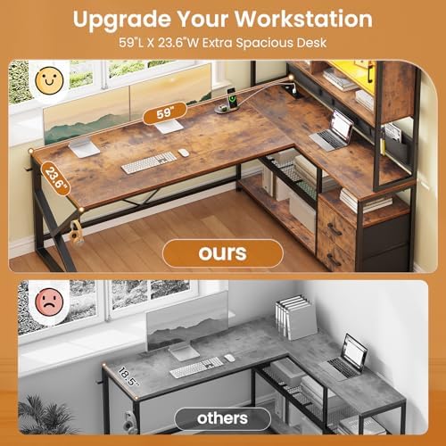 SEDETA L Shaped Office Desk with Storage Shelves, 2 Drawer, LED Light - Image 3