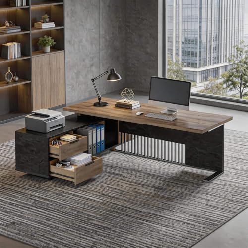 78.7 Inch Large Executive Desk with Drawers Cabinet, L Shaped Office Desk, Computer Desk with Universal Charging Ports and Cable Management for Business Furniture Set Workstation for Home Office - Image 3