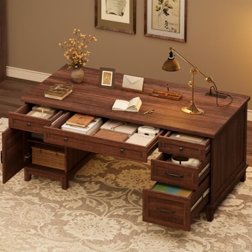 GarveeHome Executive Desk with File Drawers, Farmhouse Home Office Desk with Charging Station, 60 in Wooden Computer Desk with Cabinet Storage for Work Study Writing, Walunt Brown by GarveeHome