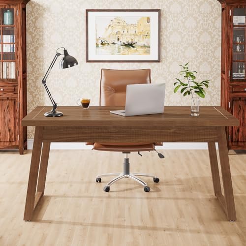 Tribesigns Home Office Executive Desk: 55 Inches Wooden Computer Desk with Drawer, Mid-Century Modern Study Writing Table, Rustic PC Laptop Desk Workstation Furniture, Walnut Brown by Tribesigns