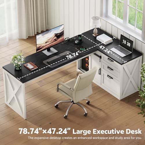 78.7" L-Shaped Office Desk with Drawers and File Cabinet White - Image 4