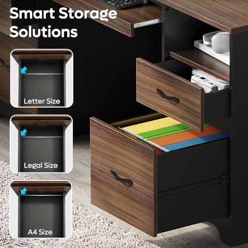 Bestier 59” Computer Desk with 4 Drawers, Office Desk with Storage, Industrial Executive Desk with File Drawer, Keyboard Tray & 2 Pedestals for Home Office & Studio, Cherry - Image 4