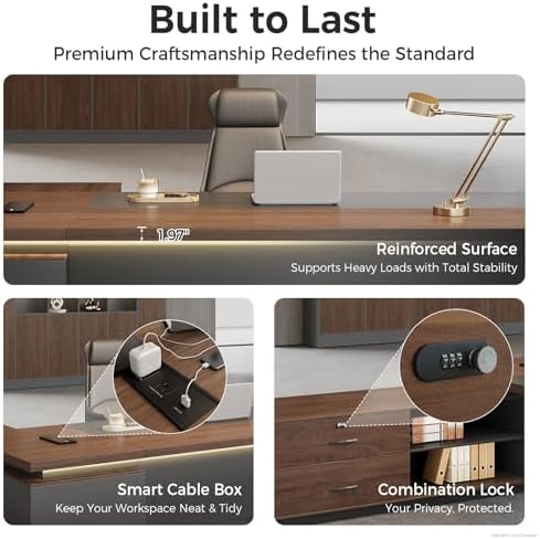 Compact Reversible L Shaped Executive Desk for Manager, Home Office Desk with Power Outlet & USB Ports, LED Ambient Lighting, Storage Cabinet (Red Walnut/Graphite Gray, 63" L*63" W*30" H) - Image 3