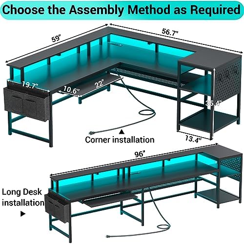 SEDETA L Shaped Gaming Desk, Reversible Computer Desk, Gaming Desk with Power Outlets & LED Strip, Monitor Shelf, Keyboard Tray, Pegboard and Storage Shelves for Home Office, Black - Image 3