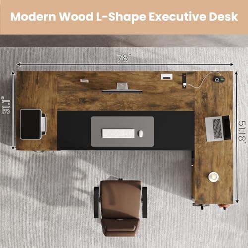 78" Executive Desk with Lockable File Cabinet, L Shaped Office Desk with Power Outlets, Large Executive Desk with Drawers and Storage Shelves, Reversible Computer Desk, Rustic Brown - Image 2