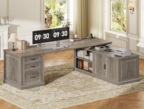 SEDETA Farmhouse L Shaped Desk with Drawers, 70.9" Home Office Desk with Storage Cabinet and Storage Shelves, L Shaped Computer Desk with Power Outlet，Gray by SEDETA