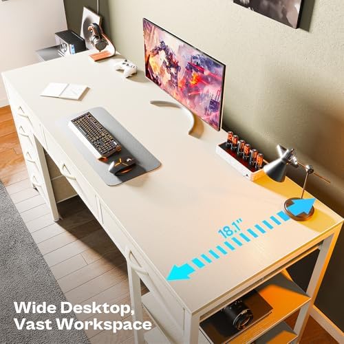 Huuger Computer Desk with 6 Drawers, Office Desk with Shelves, Reversible Gaming Desk, Corner Desk with Storage, Work for Home Office, Study, Living Room, 54inch, White - Image 4