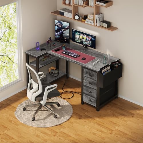 Lufeiya L Shaped Computer Desk with Drawers & Storage Shelves, 47 Inch Small Corner Desk with Power Outlet for Home Office Bedroom, L-Shaped Gaming PC Desks with Fabric Drawer, Gray - Image 2