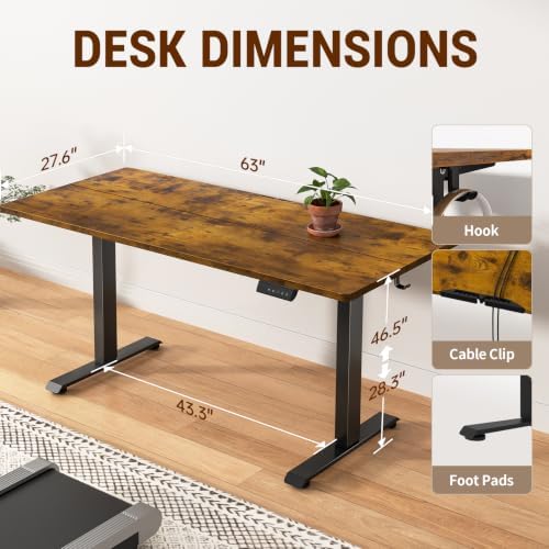 Veken 63×27.6 Inch Large Electric Standing Desk, Gaming Table, Brown - Image 2