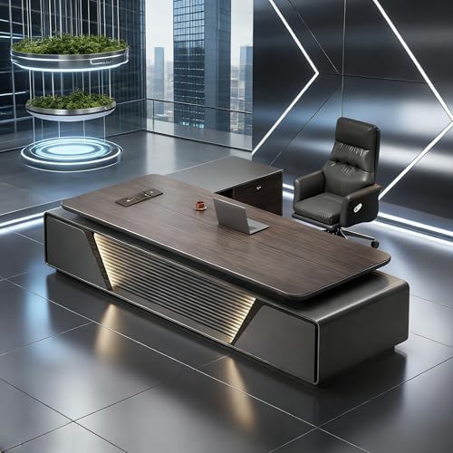 Modern L-Shaped Executive Desk with Drawers, Wooden Office Desk with Hidden Power Outlet, Digital Combination Lock, Aluminum Inlaid Desktop for Home & Professional Office by Unknown