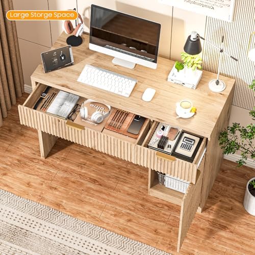 Vabches Farmhouse 47" Fluted Executive Desk with Drawers, Oak - Image 5