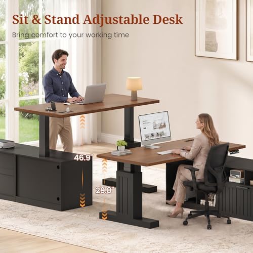 Farmhouse L Shaped Standing Desk with Lateral File Cabinet, 55.1" X 54.3" Electric Executive Desk Adjustable Height with Power Outlets, Shelves, Sit Stand Corner Computer Desk for Home Office, Black - Image 3