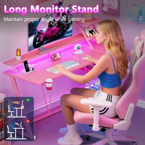 Korfile 55 Inch Pink Gaming Desk with LED Lights & Power Outlet, Gaming Computer Desk with Storage Shelves, L Shaped Gamer Workstations with Monitor Stand for Bedroom - Image 7