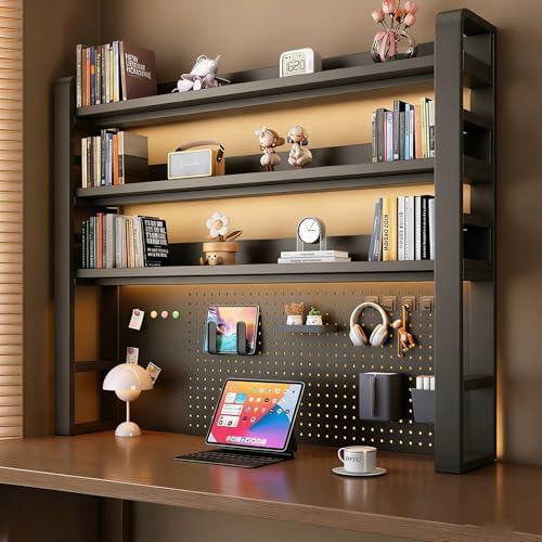 Desk Shelf - Includes a Pegboard and a Free 31-Piece Storage Accessory Set, Desk Hutch, Adjustable Hutch for Home Office Dorm (4-Tier Black Frame + Black Board 61×9.8×48.5") by Unknown