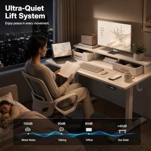 Grandder Electric Standing Desk with Two Drawers, Sit to Stand Up Height Adjustable Desk with Storage Shelf for Home Office, 47 * 24 Inch, Study, Ergonomic Adjustable Computer Desk, White - Image 7