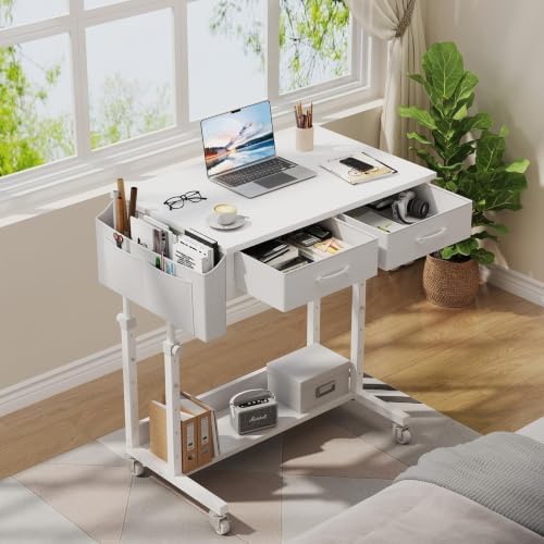 WINAZ Small Rolling Standing Desk with Drawers & Storage, 32 Inch Height Adjustable Desk on Wheels for Teachers, Students, Portable Mobile Workstation for Home Office, Small Spaces, Sewing & Crafts - Image 2