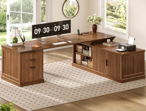 SEDETA Fluted 70.9" L Shaped Desk with Drawers and Storage Cabinet, Brown by SEDETA
