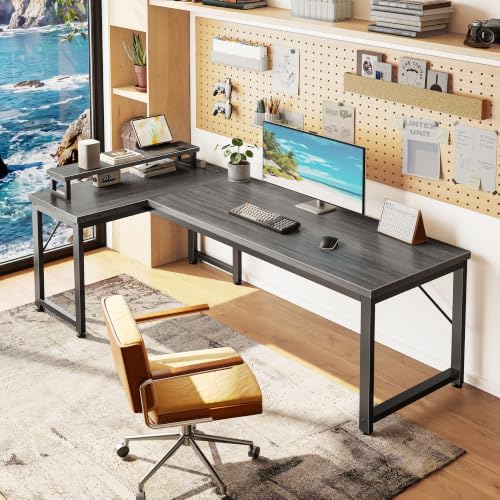 PRAISUN 53" L Shaped Computer Desk, Power Outlets, Monitor Stand, Grey - Image 2