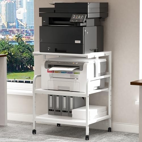 Arbuxzuy Large Printer Stand with Storage Shelf, 23.6" W x 18.9" D Printer Cart with Wheels, 3 Tier Mobile Printer Table for Home Office,Stands for Heat Press Scanner Fax (White) by Arbuxzuy