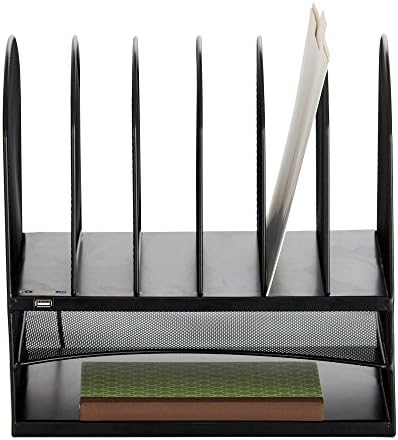 Safco 3233BL Onyx Mesh Powered Charging Station Desktop Organizer with 6 Vertical, 2 Horizontal Sections and USB Port, Black, 13.25"W x 11.5"D x 13"H by SafcoProducts