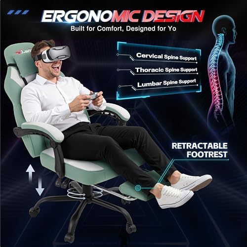 Gaming Chair for Adults with Footrest & Massage Lumbar Support, Ergonomic High Back Gamer Chair, Adjustable Swivel Computer Gaming Chairs with Headrest and Linkage Armrests,Green - Image 4
