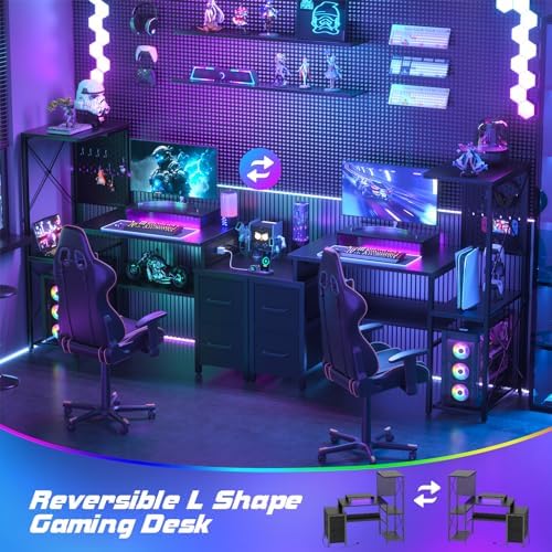 Small Gaming Desk with 2 Fabric Drawers - Reversible Computer Desk with Power Outlet & LED Lights, 49" Office Desk with Monitor Stand & Storage Shelves, Writing Study Table with Pegboard, Black - Image 3