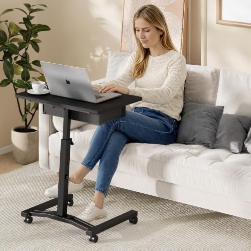 Rolling Adjustable Height Computer Desk With Drawers, Small Mobile Laptop Desk Cart On Wheels For Small Spaces Home Office, Portable Sitting Laptop Table For Bed Couch Load Up To 60LBS, Sturdy, Black - Image 2
