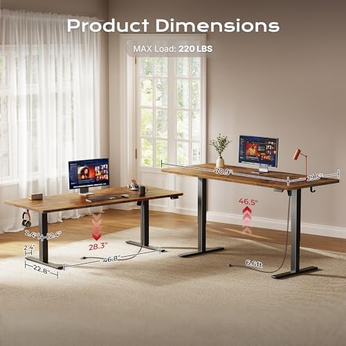Huuger 71 x 30 Large Electric Standing Desk, Height Adjustable Computer Desk, 29.5" Deep Desktop, Stand up Gaming Office Table with 2 Hooks, 3 Preset Heights, for Home Office, Rustic Brown - Image 5