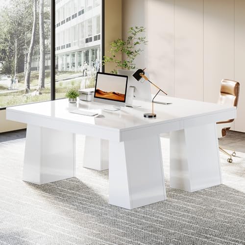 Tribesigns 55-Inch Executive Desk, Large Wood Office Computer Desk with Double Pedestal, Modern Minimalist Workstations Writing Table Conference Table Furniture for Home Office, White - Image 3