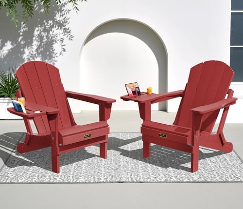 SERWALL Folding Adirondack Chair with Cup Holder, Outdoor Patio Chair, Red, Set of 2 by SERWALL