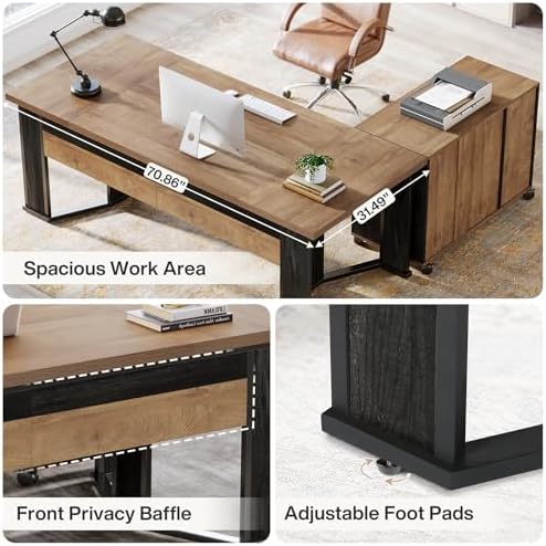 Tribesigns 70.86" Executive Desk with Mobile File Cabinet, Large L Shaped Computer Office Desk with 2 Drawers and Storage Shelves, Business Furniture Desk Workstation for Home Office (Light Brown) - Image 6