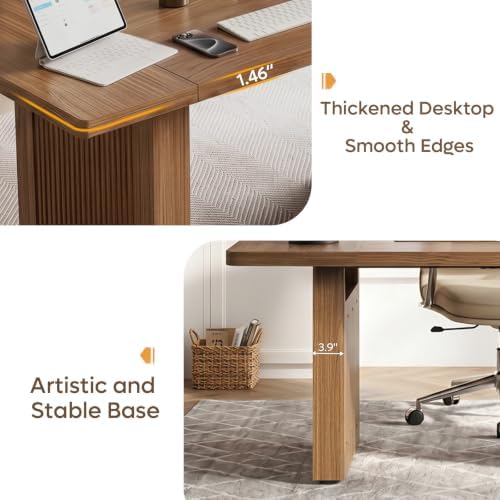 Bestier 63 Inch Wood Executive Desk, Fluted Office Desk Writing Table Brown - Image 5