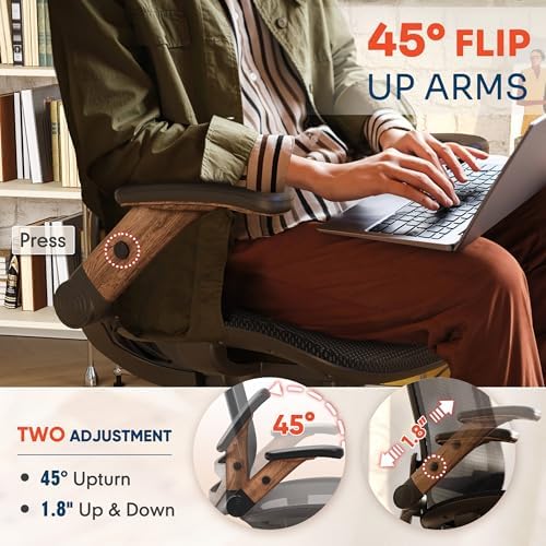 GABRYLLY Ergonomic Office Chair, High Back Home Desk Chair with 2D Flip-Up Arms, 3D Headrest, 90-120° Tilt and Wide Cushion, Big and Tall Mesh Chairs for Man Woman, Computer Task Chair Dark Wood Grain - Image 3