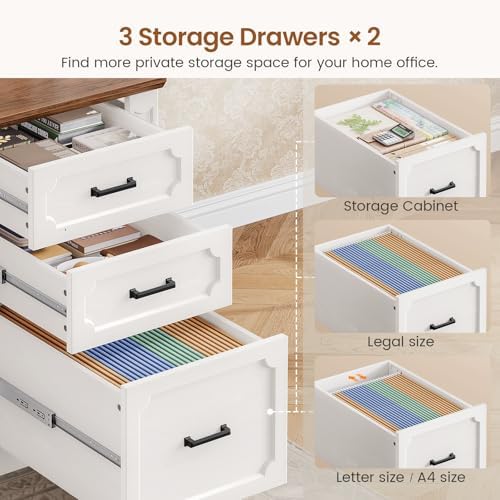 SEDETA Farmhouse 110.3" Two Person Desk with 7 Drawers, Long Computer Desk with Storage Cabinet, 2 Person Desk with Power Outlets for Home Office, White+Brown - Image 4