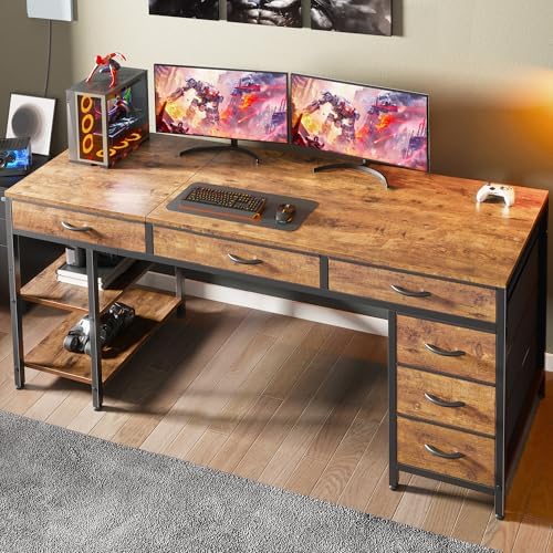 Huuger Computer Desk with 6 Drawers, Office Desk with Shelves, Reversible Gaming Desk, Large Corner Desk with Storage, Work for Home Office, Study, Living Room, 63inch, Rustic Brown - Image 6