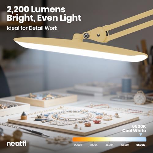 Neatfi XL 2200 Lumens 24W LED Desk Lamp – Shadow-Free Task Lighting | 4-Level Dimming | Home Office & Crafts Use | 20-Inch Wide Head (Gold, Non-CCT with Clamp) - Image 6