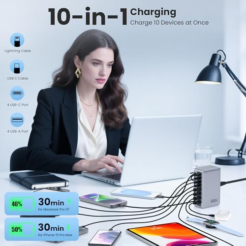 345W USB C Charger 10 in 1 Retractable Wall Charger with 2 Cables,GaN 6 USB C Charging Station Phone Charging PD Laptop Charger Adapter for MacBook Pro/Air,DELL,iPhone17/16/15,Galaxy S24,Android etc - Image 3