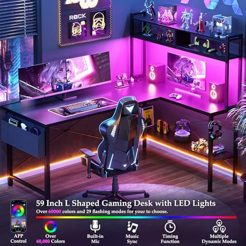 Aheaplus 59" L Shaped Desk Gaming Desk with LED Light & Power Outlet, Black - Image 4