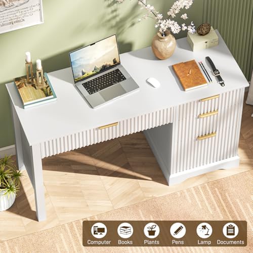 Vabches Fluted Executive Desk with Drawers, Wood Computer Desk with Ample File Drawer, Home Office Desk with Storage for Study, Bedroom, Living Room, White - Image 5