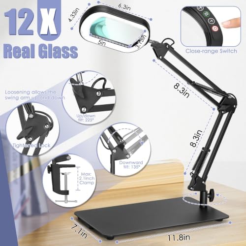 Drdefi 12X Square Magnifying Glass with Light and Stand, Real Glass LED Lighted Magnifier, 5 Color Modes Stepless Dimmable, Hands-Free Mag Desk Lamp with Clamp for Reading Craft Hobby Close Work Black - Image 6